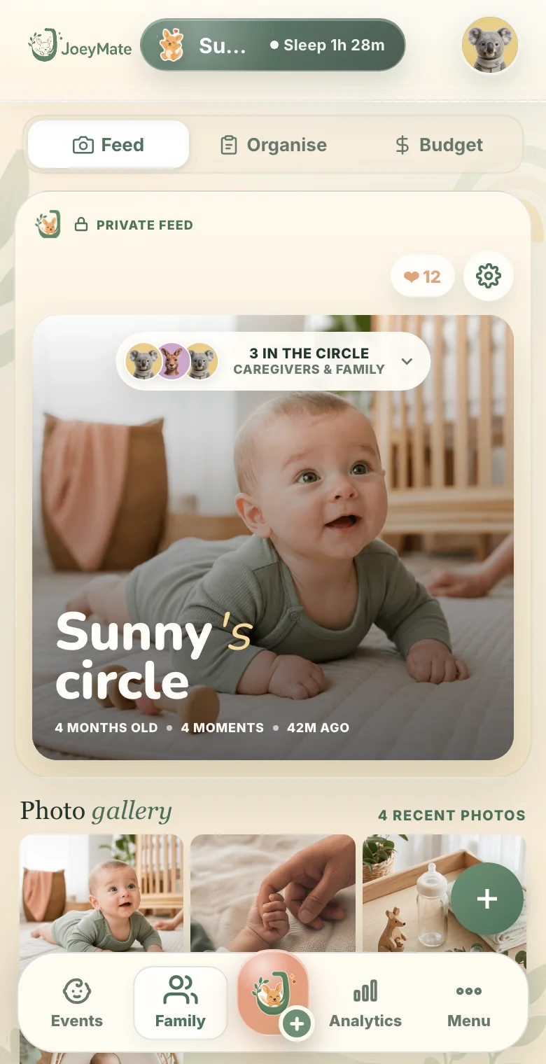 JoeyMate caregiver Family Feed with share controls and private posts