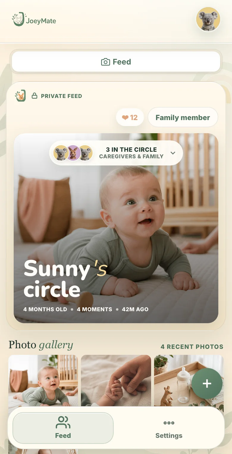 JoeyMate family viewer feed with private posts, comments and reactions