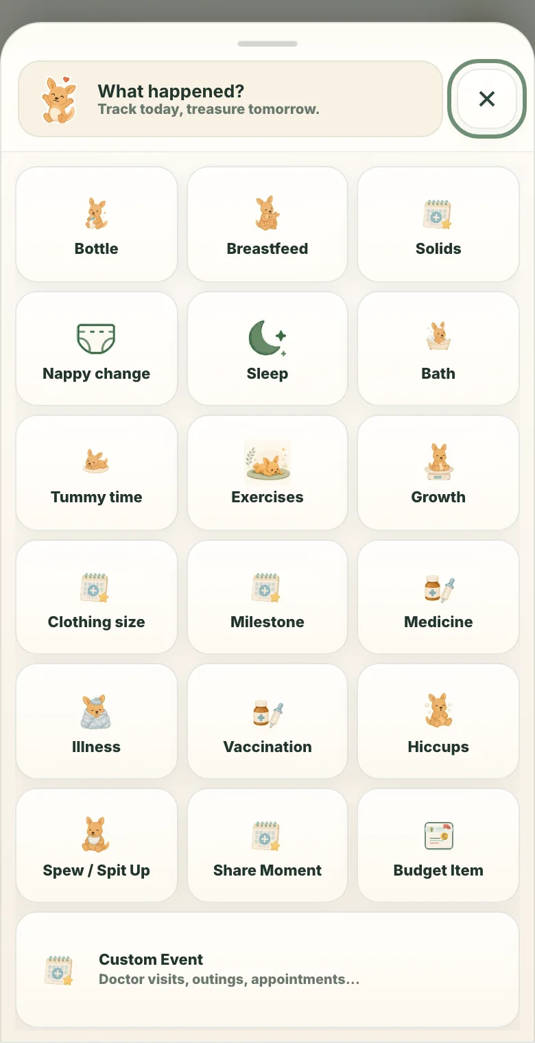 JoeyMate event picker with current care event tiles