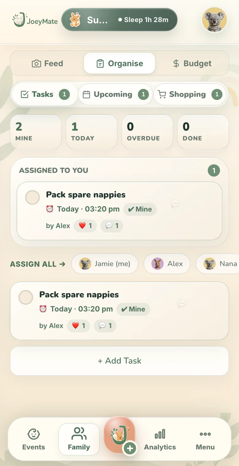 JoeyMate Organise screen with tasks, appointments and reminders